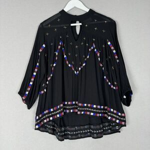 Chloe Oliver Womens Top Extra Small Black Beaded Embroidered Peasant Blouse Boho